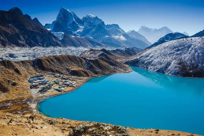 Turquoise Gokyo Lakes and Ngozumpa glacier from Gokyo Ri at 5,357m, Nepal